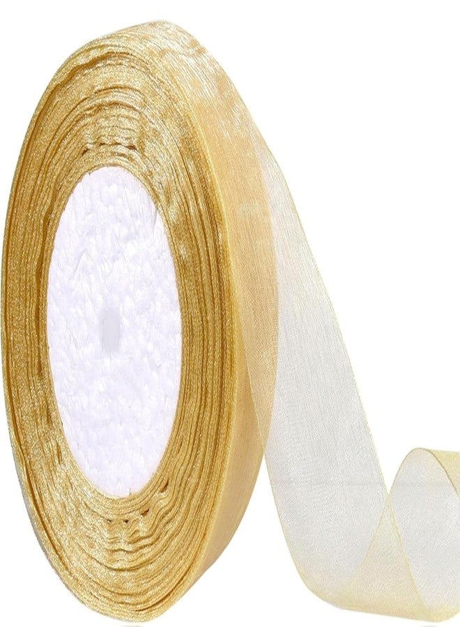 إمبرينت شريط شيفون أورجانزا ذهبي فاتح شفاف مطبوع، عرض 1.5 بوصة، طول 35 مترًا، لتغليف الهدايا والأعمال اليدوية - Image 1